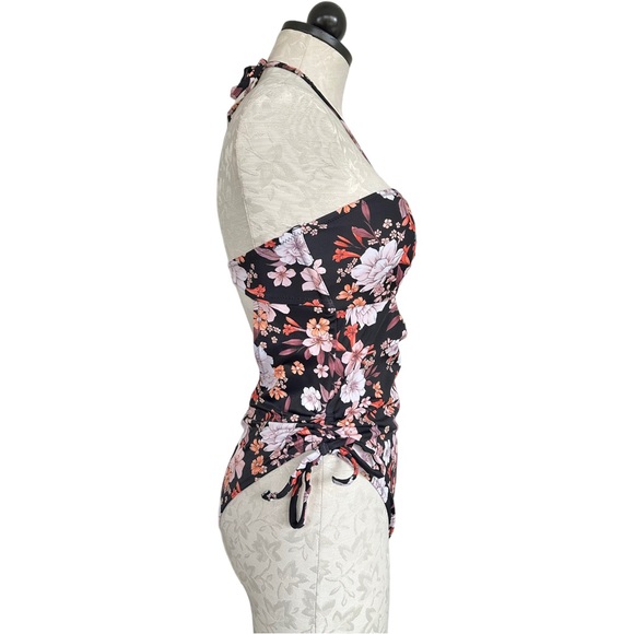 Shade & Shore Halter Keyhole Cut Out Back One Piece Swimsuit Black Floral Size M - Picture 11 of 16